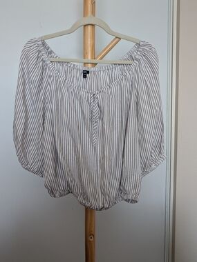 Express White and Taupe Striped Off-Shoulder Blouse